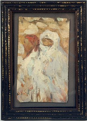 une peinture à l'huile représentant deux femmes avec des parapluies, dans un cadre noir