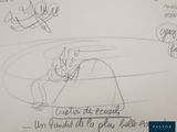 drawing of a man riding a skateboard on top of a white board