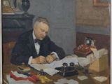tableau représentant un homme assis à un bureau, en train d'écrire sur une feuille de papier
