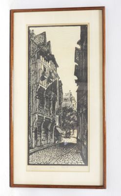 an image of a drawing of a street with buildings in the background