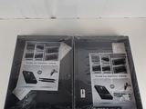 two black and white photos of a bus in a box
