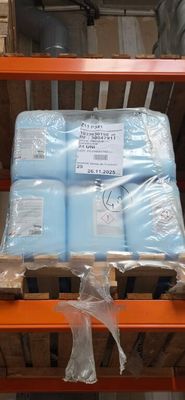 a pallet with a lot of blue containers on top of it