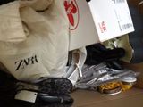 a box full of shoes and a bag on the floor