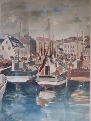 peinture de bateaux dans un port avec des bâtiments en arrière-plan