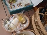 many baskets of food on the floor next to each other