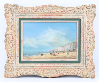 une peinture à l'huile représentant une scène de plage avec des personnes marchant sur le sable
