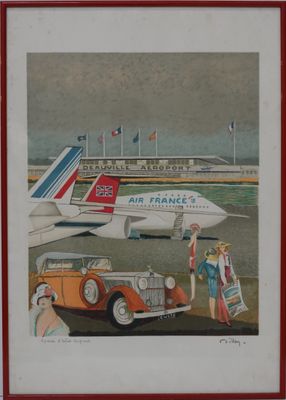 une image représentant une peinture d'une voiture et d'un avion sur le tarmac