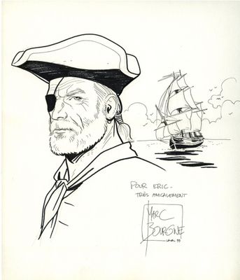 dessin représentant un homme coiffé d'un chapeau, avec un voilier en arrière-plan