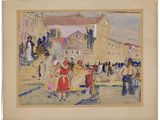 an image of a painting of a group of people walking down a street