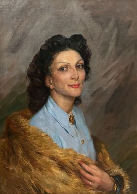 portrait of a woman in a blue dress with a fur coat