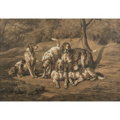 une image représentant un tableau où l'on voit un groupe de chiens dans un environnement boisé