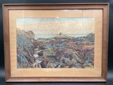 a painting of a rocky beach with a lighthouse in the distance