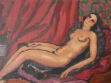 an oil painting of a nude woman sitting on a red couch