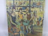 une peinture à l'huile représentant un groupe de personnes assises à une table sur la plage