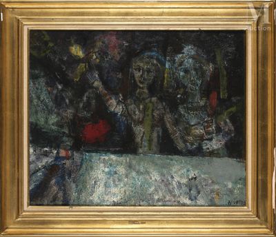 une peinture représentant un groupe de personnes assises à une table