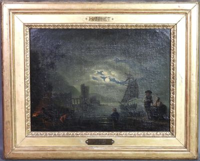 une peinture à l'huile représentant un bateau dans un port, avec la lune dans le ciel