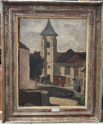 an oil painting of a clock tower in a town with a bridge
