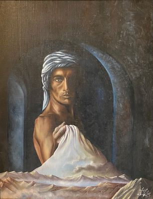 un tableau représentant un homme coiffé d'un turban, assis sur un lit