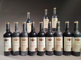several bottles of wine are lined up in a row on a table