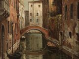 tableau représentant un canal avec un pont et des bâtiments en arrière-plan