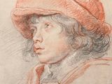 a drawing of a man wearing a red hat