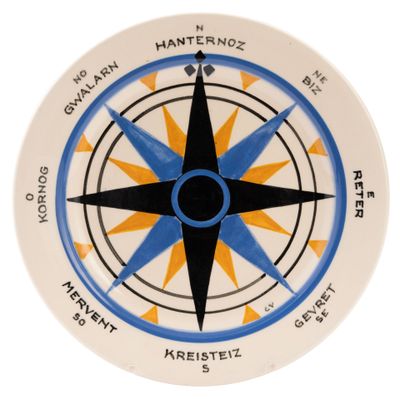 a white plate with a blue and yellow compass on it