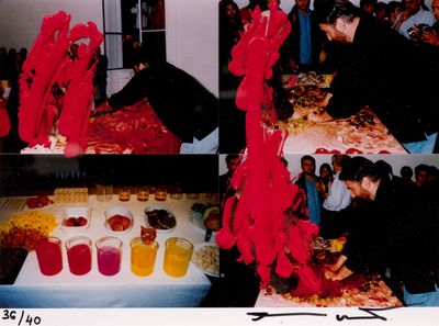 many pictures of a woman cutting a cake with a knife