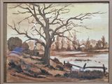 a picture of a painting of a tree by the water