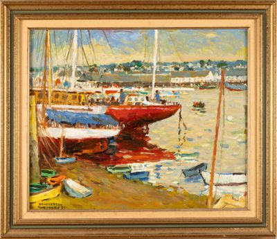 an oil painting of a harbor scene with boats docked in the water