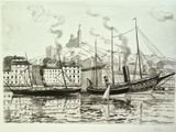 un dessin en noir et blanc d'un bateau dans l'eau