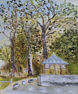 painting of a gazebo in a park surrounded by trees