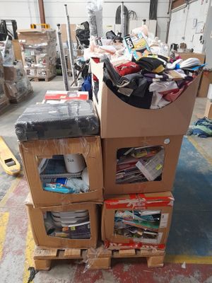 a pile of boxes sitting on top of a pallet in a warehouse