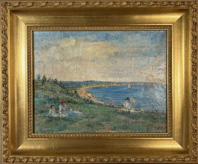 une peinture à l'huile représentant des personnes assises sur une colline au bord de l'eau