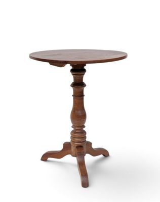 a wooden table with a round top and a wooden base