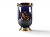 a blue vase with a gold decoration on it