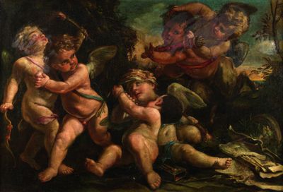 une reproduction d'un tableau représentant un groupe de chérubins dans un bosquet
