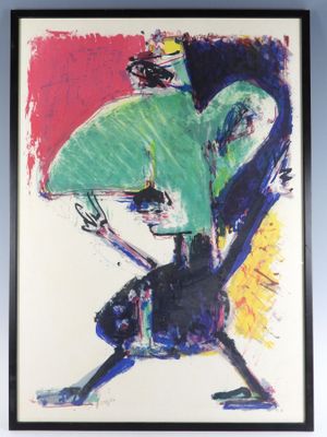 painting of a man holding a green umbrella in front of a blue wall