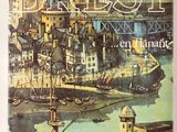 a book with a picture of a harbor and a bridge in the background