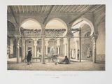 a picture of a drawing of a building with people in it