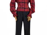 woman ' s red and black plaid shirt with ruffled collar