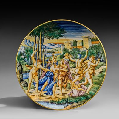 an image of a decorative plate with a painting of a group of people