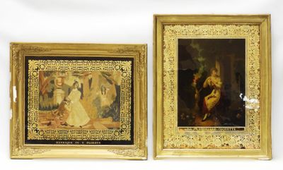 two framed paintings of a woman and a man in a white dress