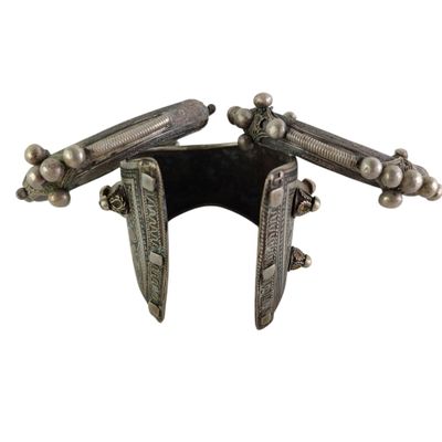 pair of antique silver plated cuff bracelets with pearls and silver beads