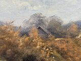 an oil painting of a rural scene with a barn in the distance