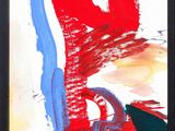 peinture abstraite représentant une chaise rouge recouverte de peinture bleue et rouge
