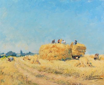 tableau représentant des balles de foin dans un champ, avec des personnes assises dessus