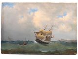 une peinture à l'huile représentant un navire en mer, avec d'autres bateaux en arrière-plan