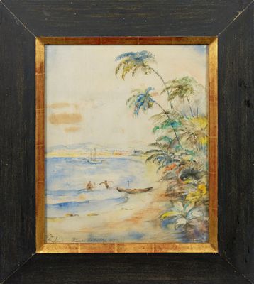 une peinture à l'huile représentant une scène de plage avec des palmiers et un bateau dans l'eau