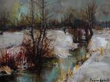 an oil painting of a river in a snowy landscape with trees
