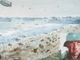 a painting of a man wearing a helmet on the beach